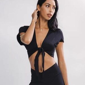 Black Wrap Top, Cropped Short Sleeve Top, Tie front flattering black crop top